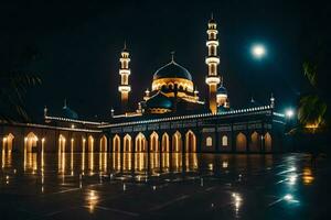 de moskee Bij nacht met de maan in de lucht. ai-gegenereerd foto