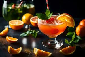 een cocktail met oranje plakjes en munt bladeren. ai-gegenereerd foto