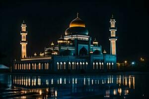 de moskee is lit omhoog Bij nacht met haar lichten reflecterend in de water. ai-gegenereerd foto