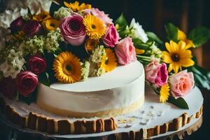 een wit taart met bloemen Aan top. ai-gegenereerd foto