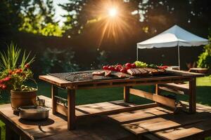 een barbecue rooster Aan een tafel in de zon. ai-gegenereerd foto