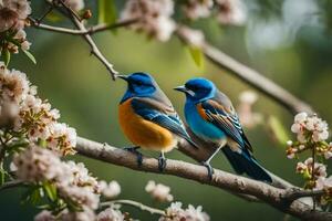 twee blauw en oranje vogelstand zittend Aan een Afdeling. ai-gegenereerd foto