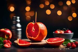 grapefruit en frambozen Aan een houten tafel. ai-gegenereerd foto