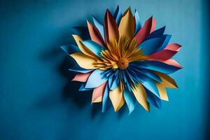 een kleurrijk papier bloem Aan een blauw muur. ai-gegenereerd foto