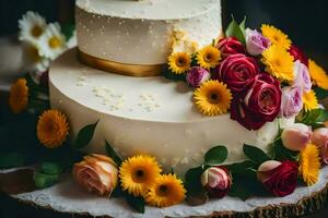 een bruiloft taart met bloemen en goud lintje. ai-gegenereerd foto