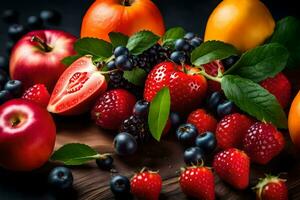 een verscheidenheid van fruit en bessen zijn geregeld Aan een houten tafel. ai-gegenereerd foto