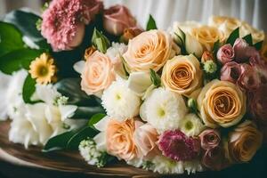 een boeket van bloemen zittend Aan een tafel. ai-gegenereerd foto