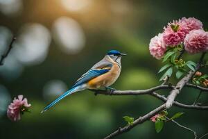 een blauw en wit vogel zit Aan een Afdeling met roze bloemen. ai-gegenereerd foto