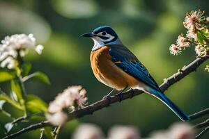 een blauw en oranje vogel zit Aan een Afdeling. ai-gegenereerd foto