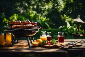 een barbecue rooster met worstjes en fruit Aan een tafel. ai-gegenereerd foto