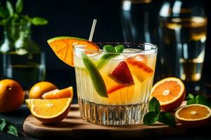 een glas van oranje sap met vers fruit. ai-gegenereerd foto