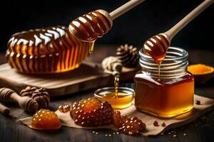 honing en honingraat Aan een houten tafel. ai-gegenereerd foto