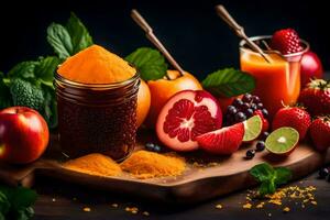 oranje sap in een pot met fruit en bessen. ai-gegenereerd foto