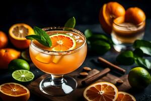 oranje margarita in een glas met limoen plakjes en munt bladeren. ai-gegenereerd foto