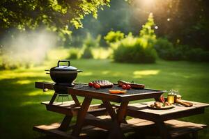 bbq rooster in de tuin. ai-gegenereerd foto