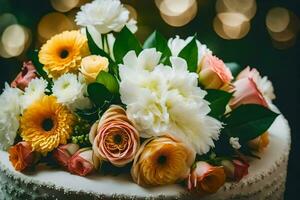 een bruiloft taart met bloemen Aan het. ai-gegenereerd foto