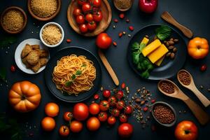 divers voedingsmiddelen inclusief pasta, tomaten, kaas en noten. ai-gegenereerd foto