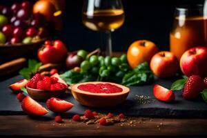 fruit en sap Aan een tafel. ai-gegenereerd foto