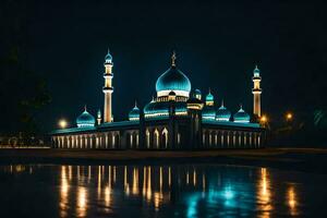 een moskee lit omhoog Bij nacht met blauw lichten. ai-gegenereerd foto