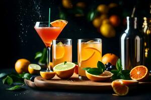 oranje en citroen cocktail Aan een houten dienblad. ai-gegenereerd foto
