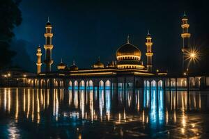 de moskee Bij nacht met haar reflectie in de water. ai-gegenereerd foto