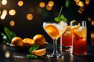 twee bril van cocktails met sinaasappels en munt bladeren. ai-gegenereerd foto