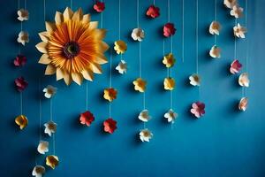 een bloem gemaakt van papier is hangende van een blauw muur. ai-gegenereerd foto