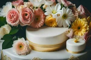 een bruiloft taart met bloemen en goud ringen. ai-gegenereerd foto