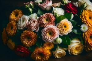 een boeket van bloemen Aan een tafel. ai-gegenereerd foto