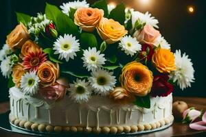 een taart met bloemen Aan top van een tafel. ai-gegenereerd foto