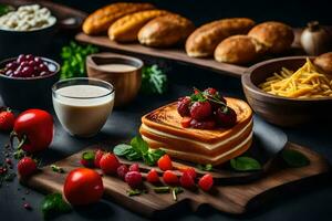 pannekoeken, kaas, brood en andere voedingsmiddelen Aan een tafel. ai-gegenereerd foto