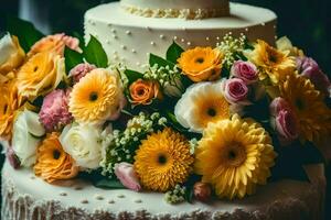 een bruiloft taart met geel en oranje bloemen. ai-gegenereerd foto