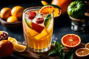 een glas van oranje sap met vers fruit. ai-gegenereerd foto