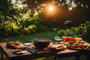 een picknick tafel met voedsel en drankjes Aan het. ai-gegenereerd foto