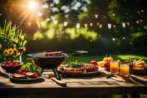 een picknick tafel met voedsel en drankjes Aan het. ai-gegenereerd foto