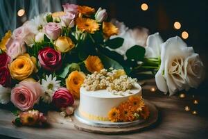 een klein wit taart met bloemen Aan een houten tafel. ai-gegenereerd foto