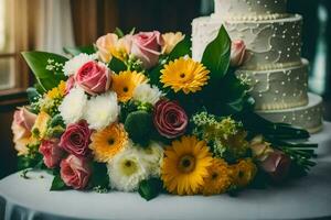 een bruiloft taart en bloemen Aan een tafel. ai-gegenereerd foto