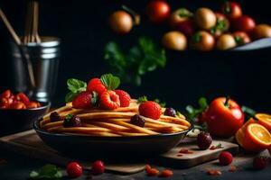 een bord van pasta met vers bessen en tomaten. ai-gegenereerd foto