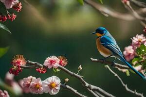 een blauw vogel zit Aan een Afdeling met roze bloemen. ai-gegenereerd foto