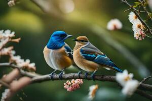 twee blauw en bruin vogelstand zijn neergestreken Aan een Afdeling. ai-gegenereerd foto