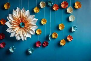 een kleurrijk bloem hangende van een blauw muur. ai-gegenereerd foto