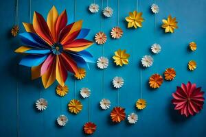 kleurrijk papier bloemen hangende van strings Aan een blauw muur. ai-gegenereerd foto