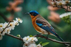 een blauw en oranje vogel is zittend Aan een Afdeling met wit bloemen. ai-gegenereerd foto