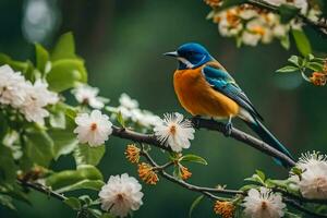 een blauw en oranje vogel zit Aan een Afdeling met bloemen. ai-gegenereerd foto