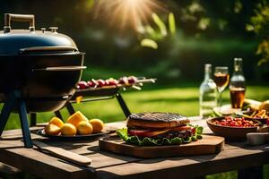 een barbecue rooster met voedsel en drankjes Aan een tafel. ai-gegenereerd foto