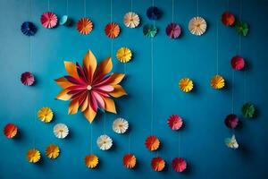 kleurrijk papier bloemen hangende van strings Aan een blauw muur. ai-gegenereerd foto