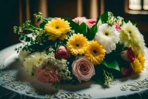 een boeket van bloemen Aan een tafel. ai-gegenereerd foto