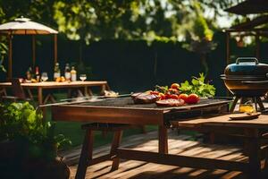 een barbecue rooster Aan een houten dek met tomaten en andere groenten. ai-gegenereerd foto