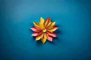 een kleurrijk origami bloem Aan een blauw achtergrond. ai-gegenereerd foto