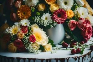 een taart met bloemen en chocola druppelt Aan top. ai-gegenereerd foto